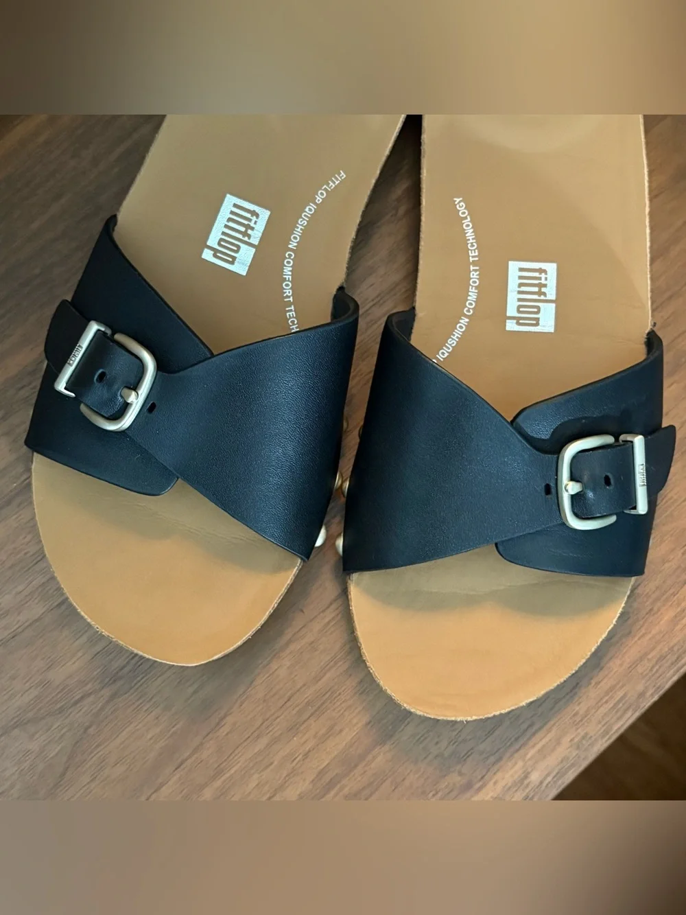 Fitflop IQusion Adjustable Buckle Leather Slides Size 7